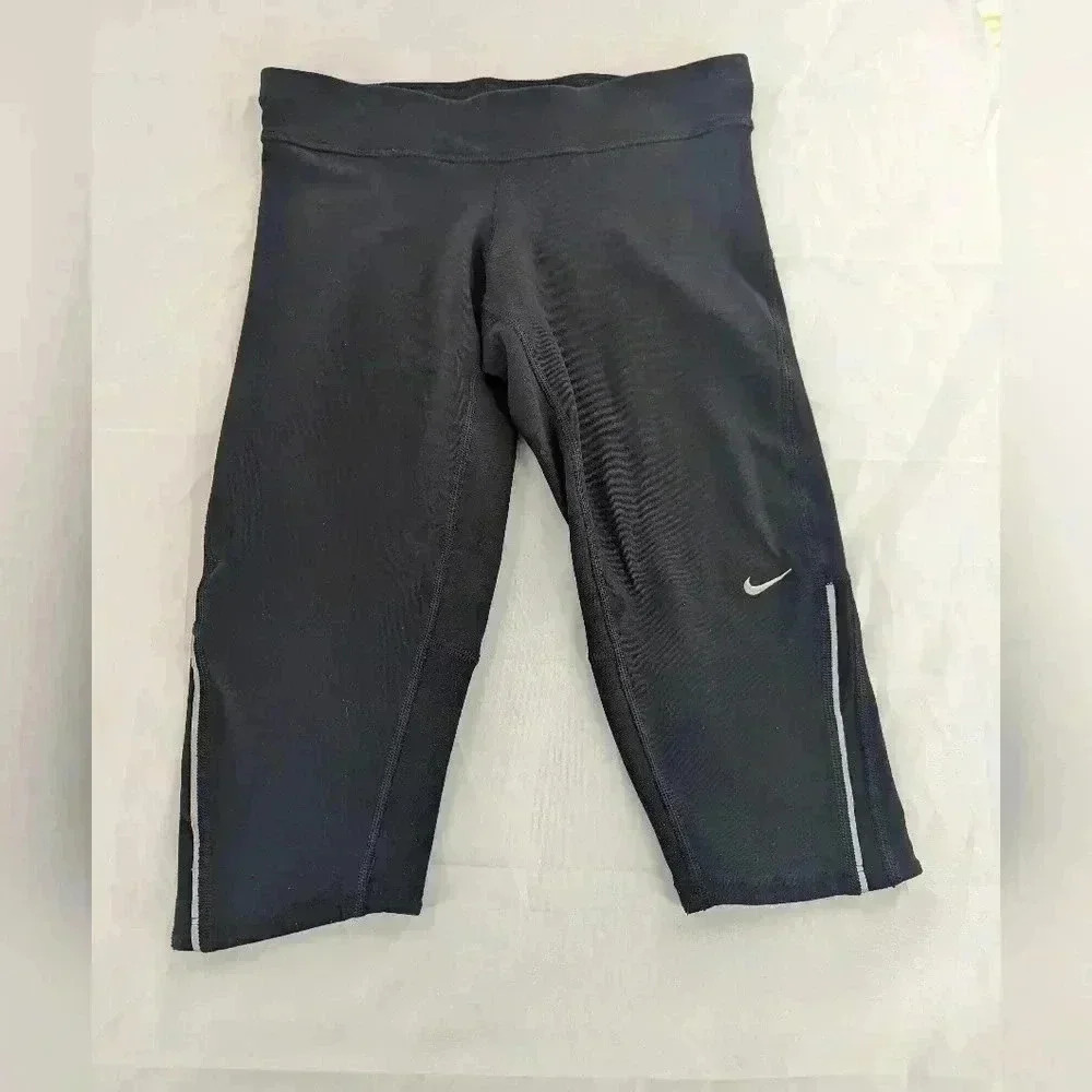 Nike Dri-Fit Womens Capri Legging Black Elastic Waist Drawstring Logo Size XS